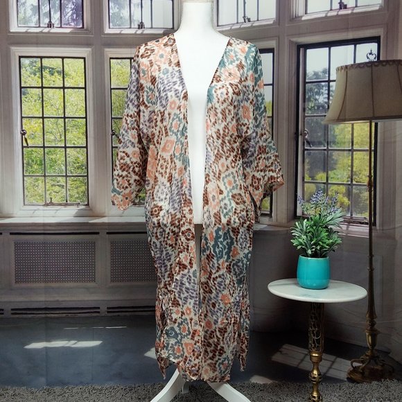 NWT SONOMA WATERCOLOR IKAT LONG KIMONO (BROWN MULTI / OS) - Picture 4 of 10